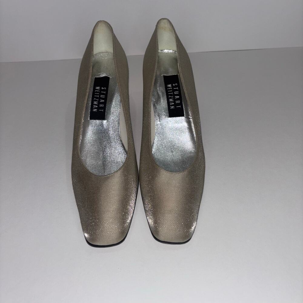 Stuart Weitzman Metallic Square Toe Low Heel Pumps
